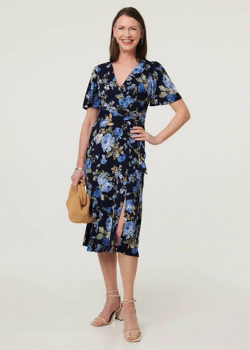 Izabel London Navy Floral Angel Sleeve Wrap Midi Dress - 16 Image 4