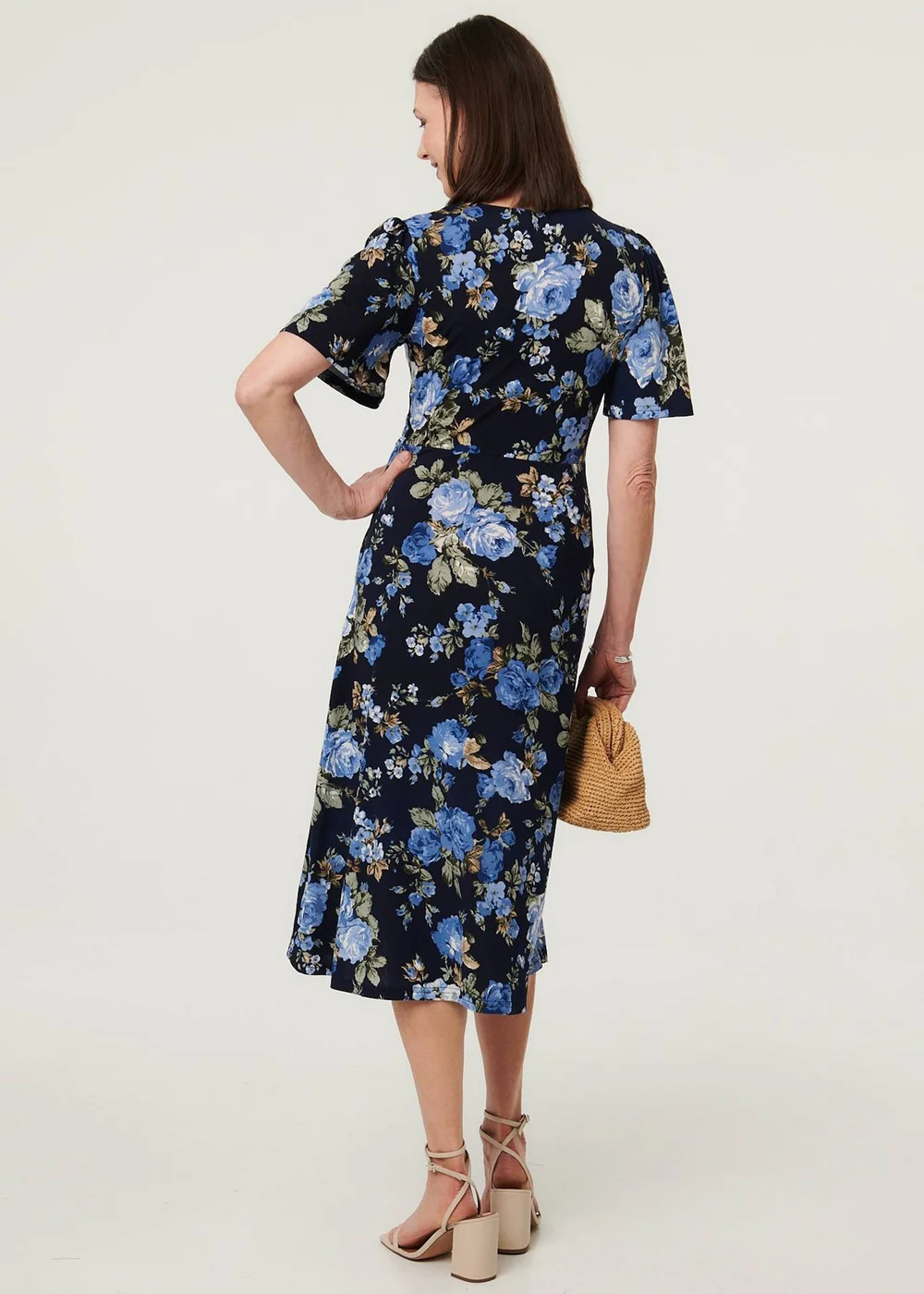 Izabel London Navy Floral Angel Sleeve Wrap Midi Dress - 16 Image 2