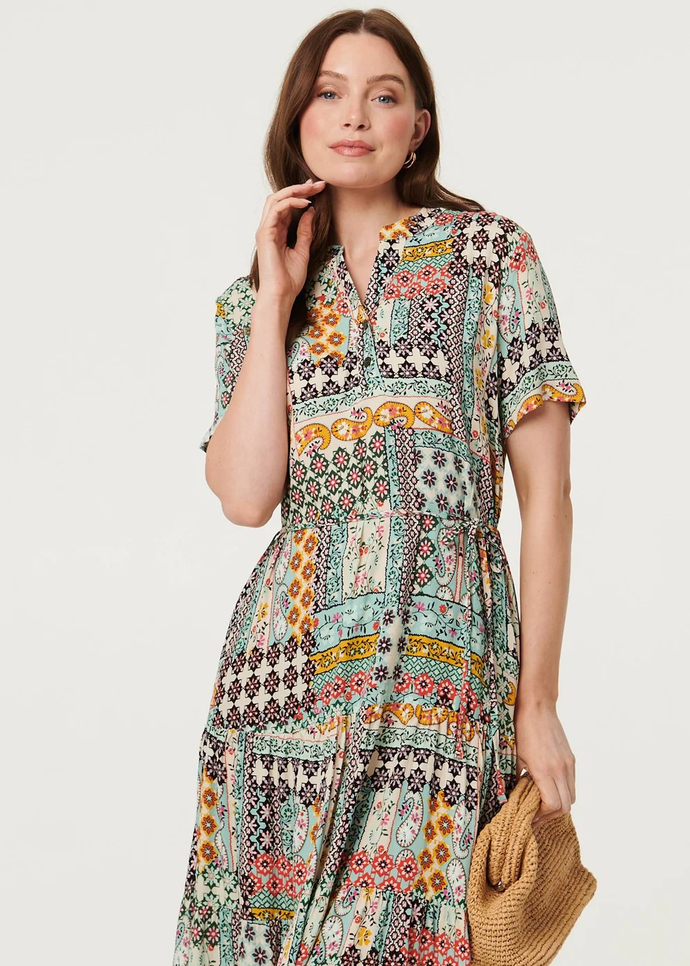 Izabel London Sage Abstract Short Sleeve Tie Midi Dress - 16 Image 1