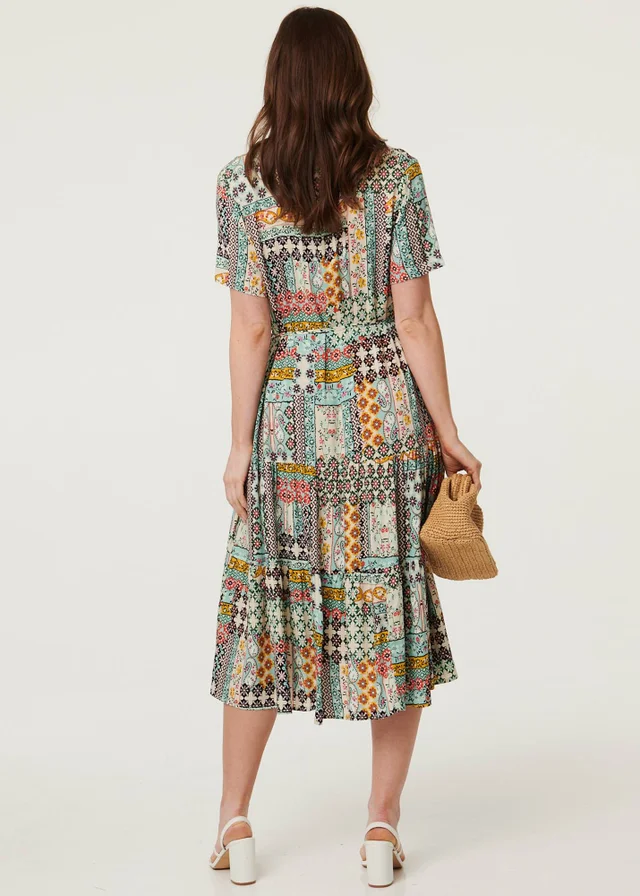 Izabel London Sage Abstract Short Sleeve Tie Midi Dress