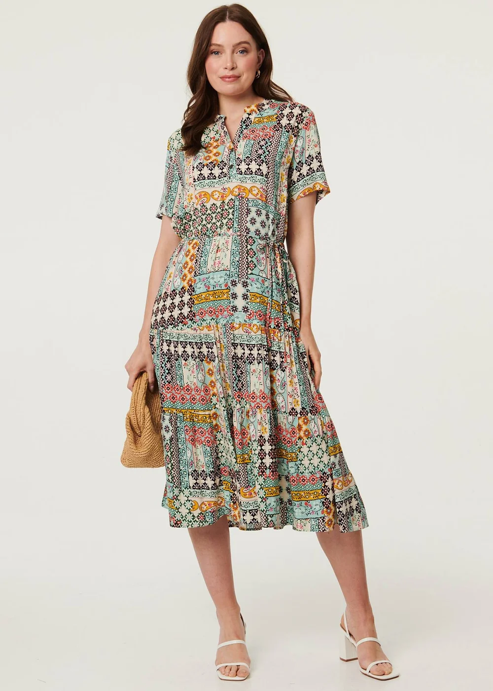 Izabel London Sage Abstract Short Sleeve Tie Midi Dress - 16 Image 4