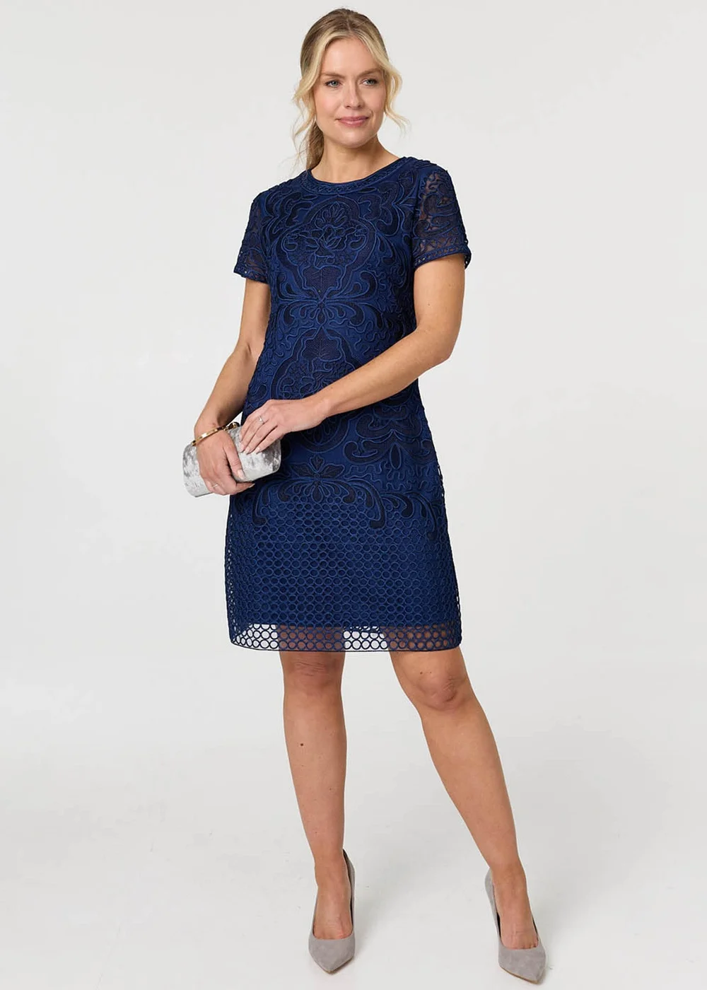 Izabel London Navy Sheer Lace Layered Knee Length Dress - 12 Image 4