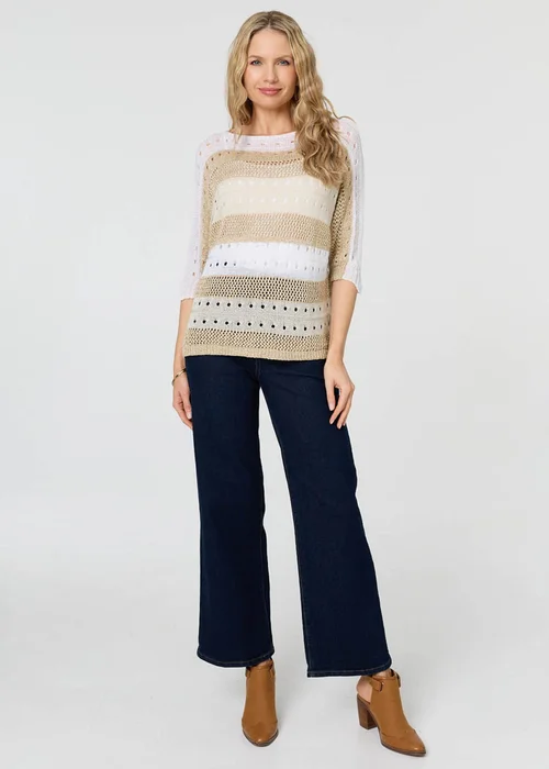Izabel London Gold Semi Sheer Mesh 3/4 Sleeve Knit Top - L Image 4