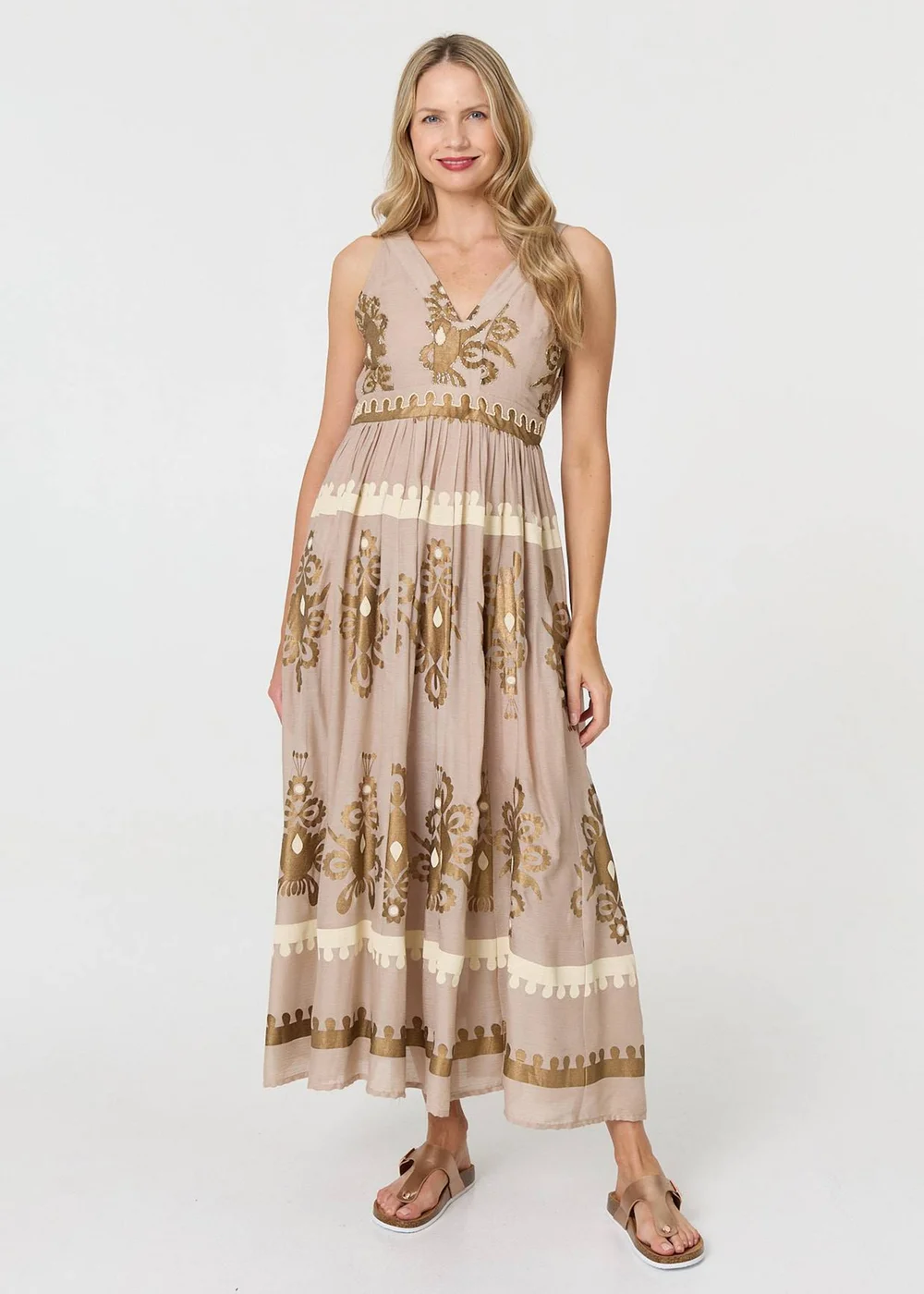 Izabel London Brown Printed Ruched Sleeveless Maxi Dress - 14 Image 4