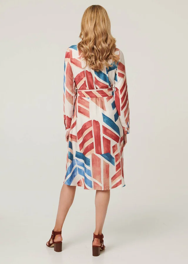 Izabel London Red Geo Print Tie Waist Midi Shirt Dress