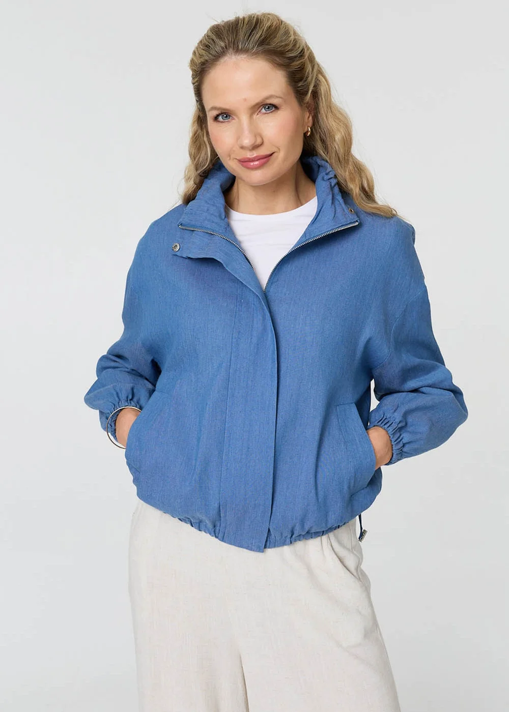 Izabel London Blue Relaxed Drawstring High Neck Jacket - 10 Image 1