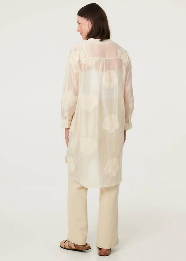 Izabel London White Floral Long Sleeve Longline Shirt