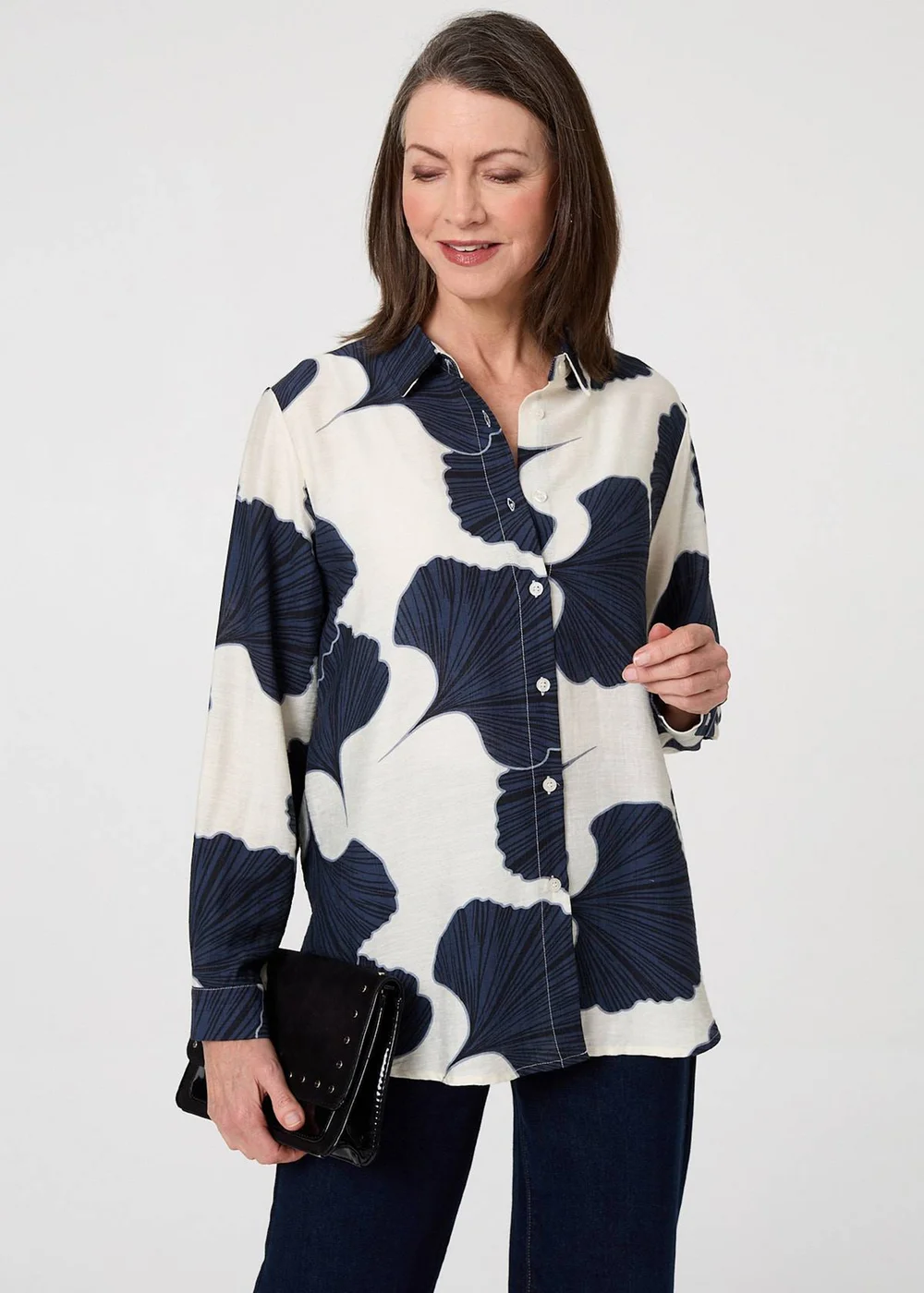 Izabel London Navy Abstract Long Sleeve Button Front Shirt - 16 Image 1