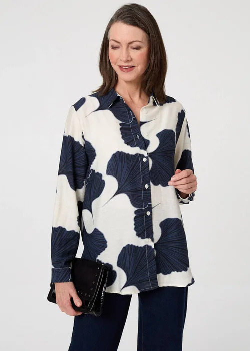 Izabel London Navy Abstract Long Sleeve Button Front Shirt - 16 Image 1