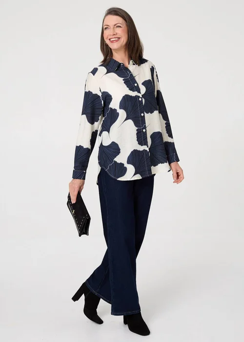 Izabel London Navy Abstract Long Sleeve Button Front Shirt - 16 Image 4