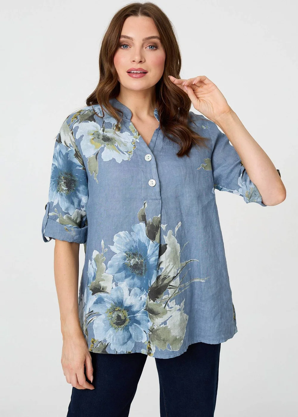 Izabel London Blue Floral Relaxed Turn-Up Sleeve Blouse - 10 Image 1