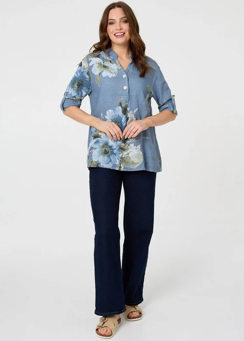 Izabel London Blue Floral Relaxed Turn-Up Sleeve Blouse - 10 Image 4