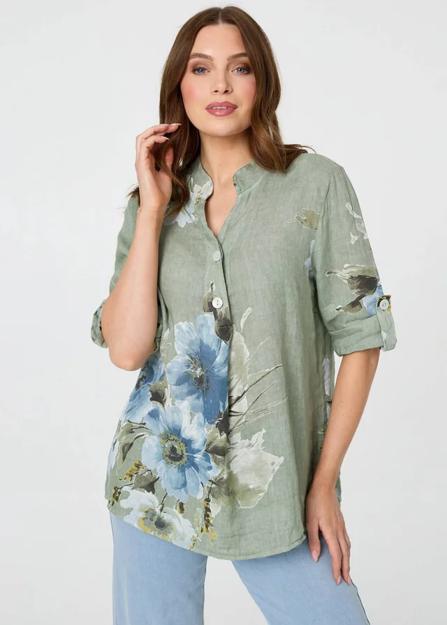 Izabel London Blue Floral Relaxed Turn-Up Sleeve Blouse