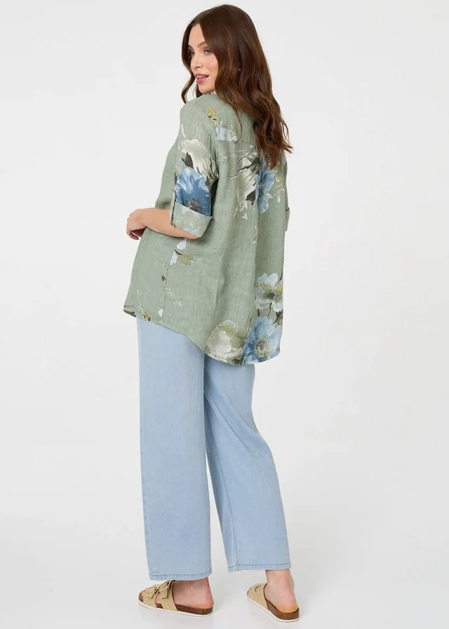 Izabel London Blue Floral Relaxed Turn-Up Sleeve Blouse