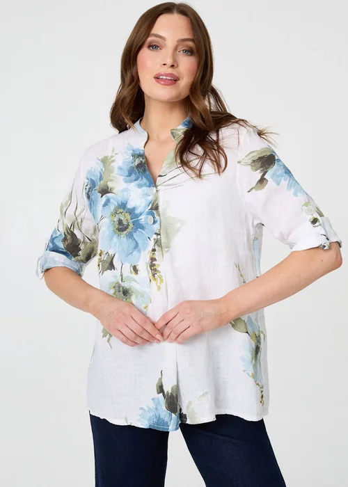 Izabel London Blue Floral Relaxed Turn-Up Sleeve Blouse - 12 Image 1