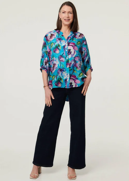 Izabel London Blue Floral Button 3/4 Sleeve Relaxed Blouse - 16 Image 4