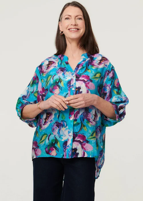 Izabel London Blue Floral Button 3/4 Sleeve Relaxed Blouse - 16 Image 1