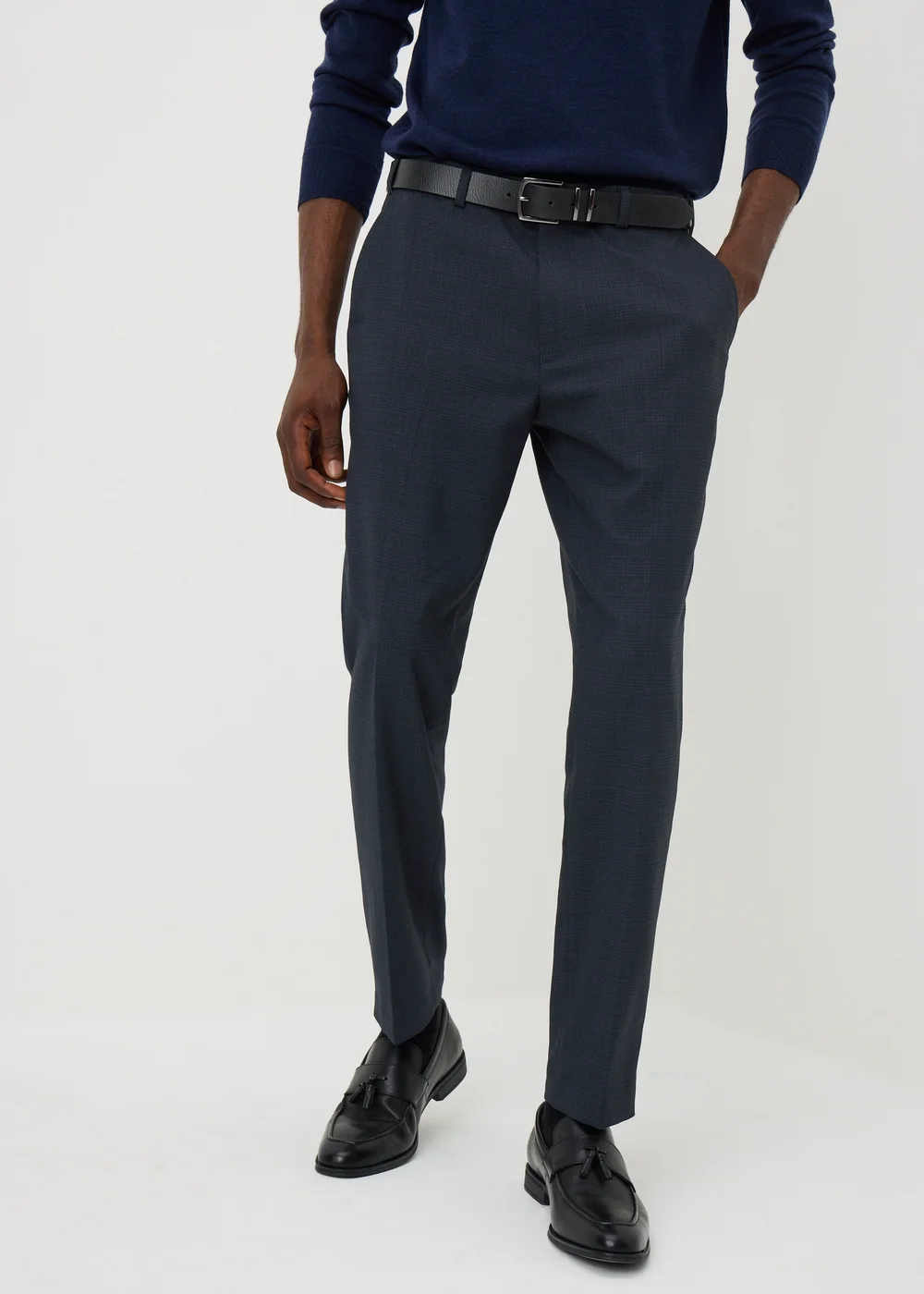 Taylor & Wright Navy Check Slim Fit Active Waist Trousers - 26/L29 Image 1