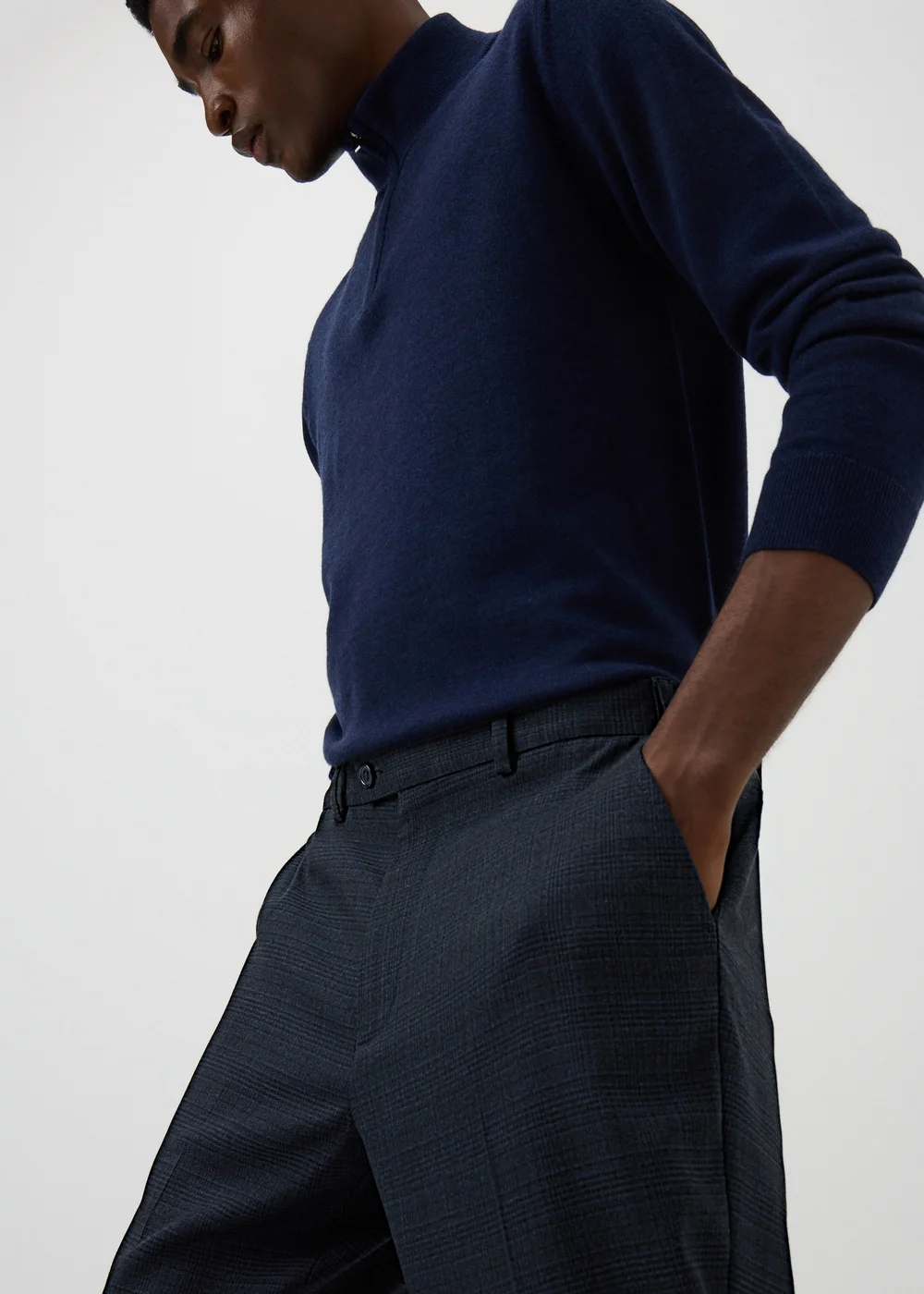 Taylor & Wright Navy Check Slim Fit Active Waist Trousers - 26/L29 Image 3