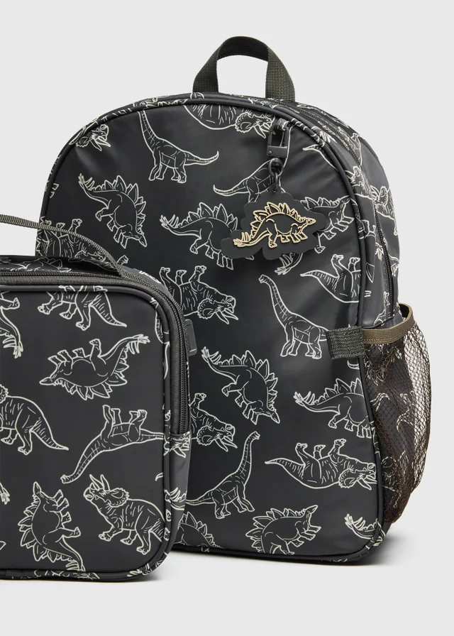 Kids Charcoal Dinosaur Print Backpack & Lunch Bag Set