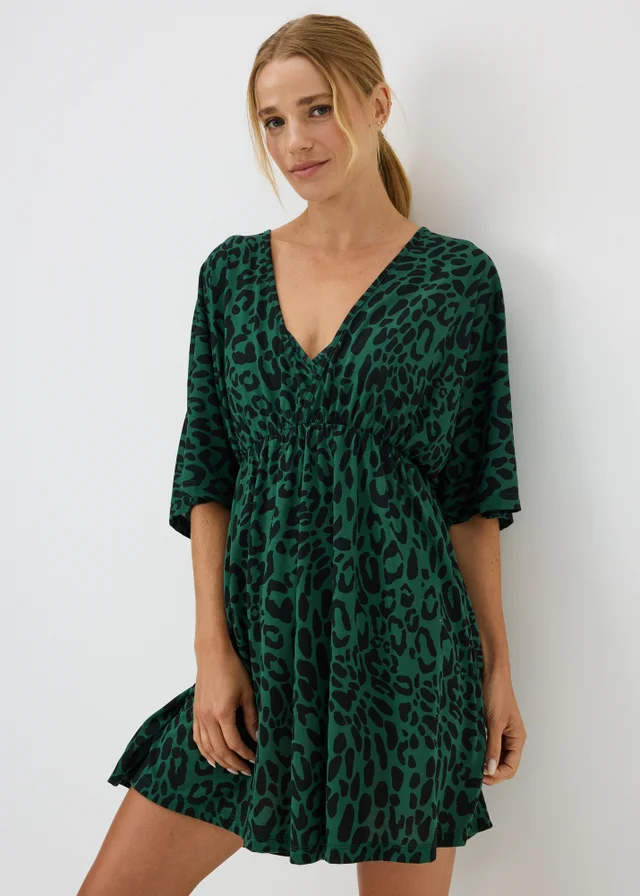 Green Leopard Print Jersey Kaftan
