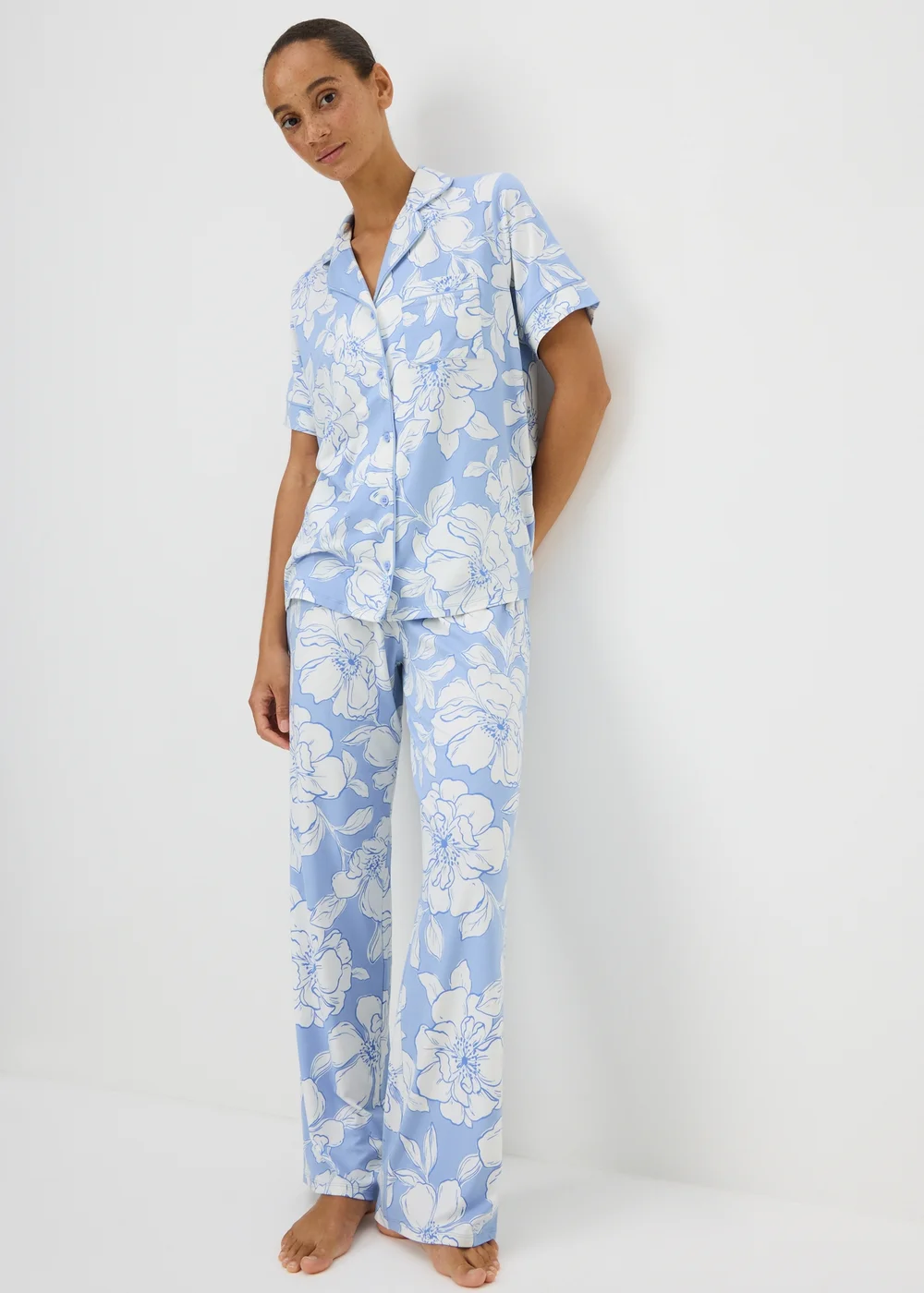Blue Floral Soft Touch Traditional Button Up Pyjama Set - 2XL Image 1