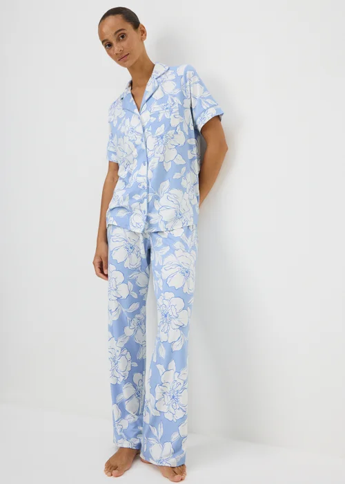 Blue Floral Soft Touch Traditional Button Up Pyjama Set - 2XL Image 1