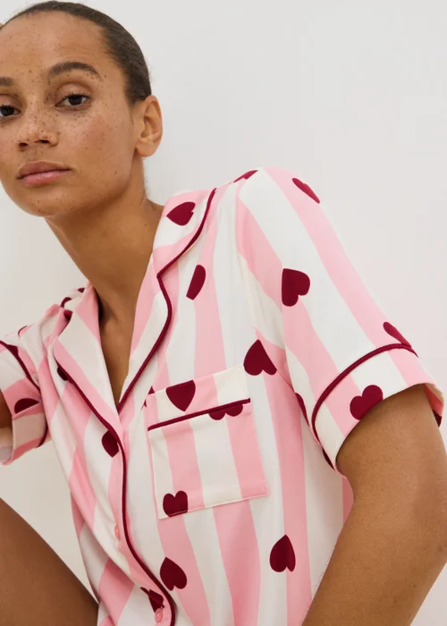 Pink Heart Stripe Traditional Button Up Short Pyjama Set - L Image 2