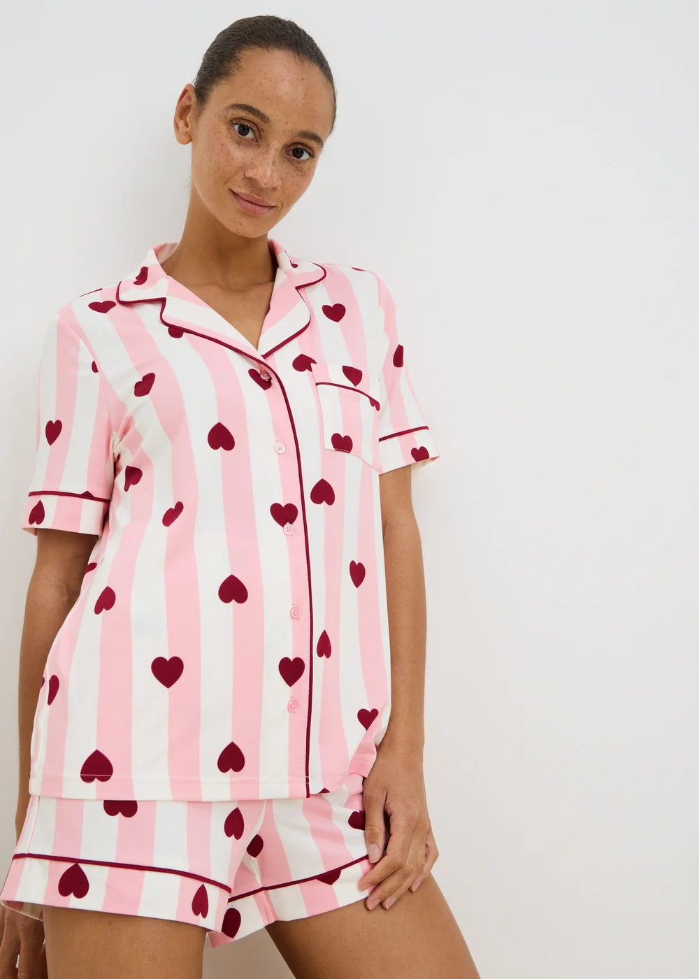 Pink Heart Stripe Traditional Button Up Short Pyjama Set - L Image 1