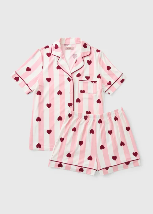 Pink Heart Stripe Traditional Button Up Short Pyjama Set - L Image 3