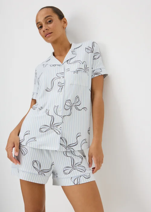 Blue Stripe Bow Button Up Short Pyjama Set - 2XL Image 1