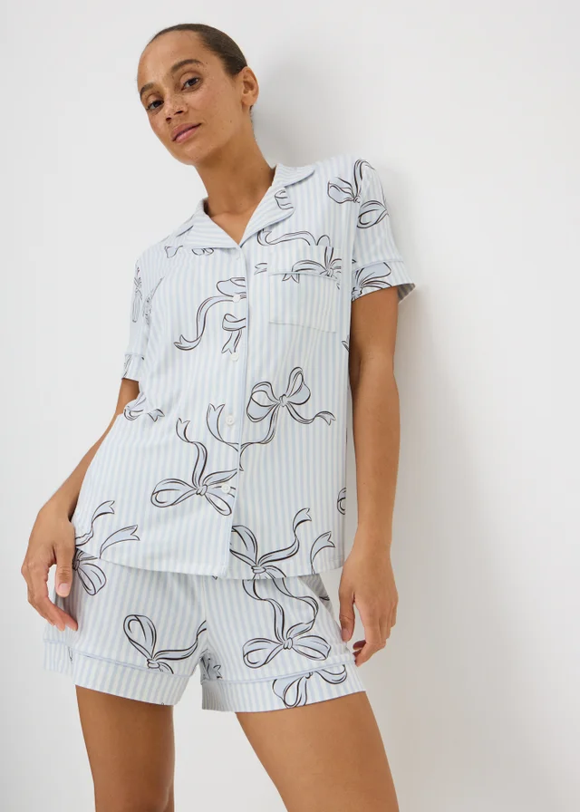 Blue Stripe Bow Button Up Short Pyjama Set
