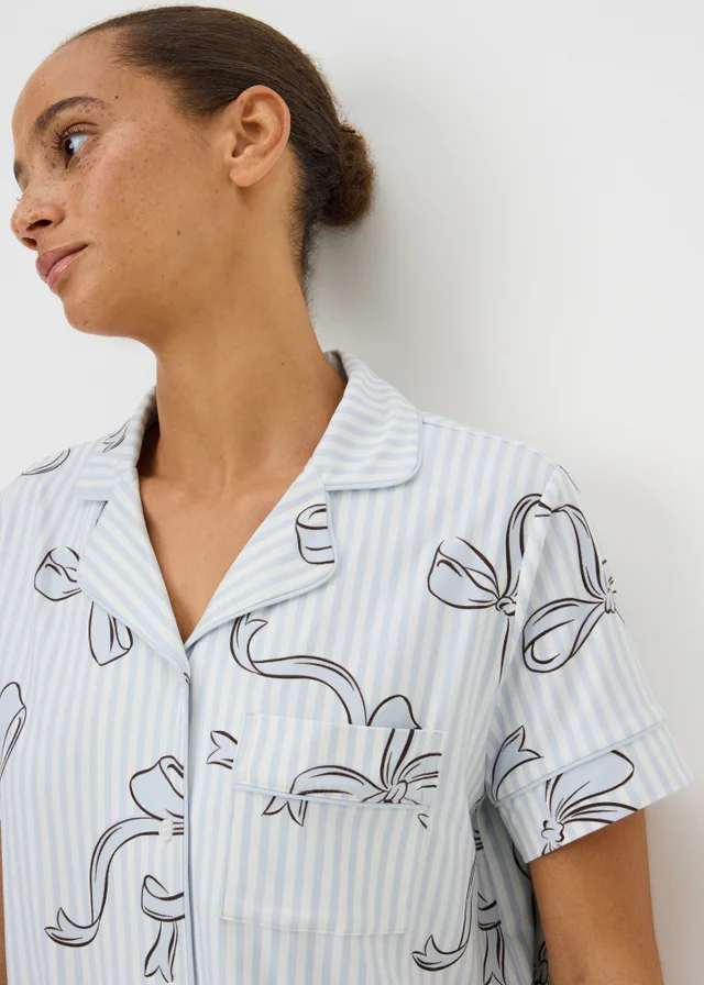 Blue Stripe Bow Button Up Short Pyjama Set