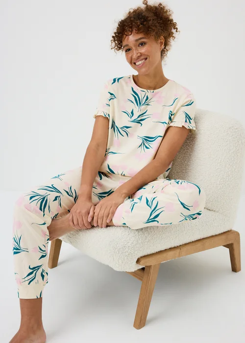 Cream Tulip Floral Cuffed Pyjama Set - L Image 1