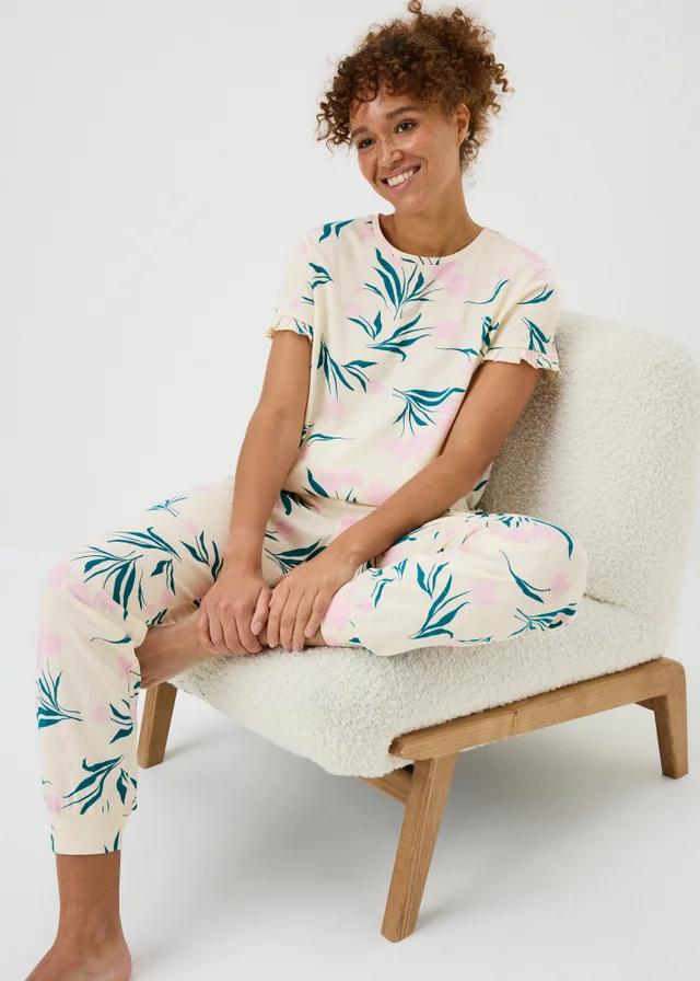 Cream Tulip Floral Cuffed Pyjama Set
