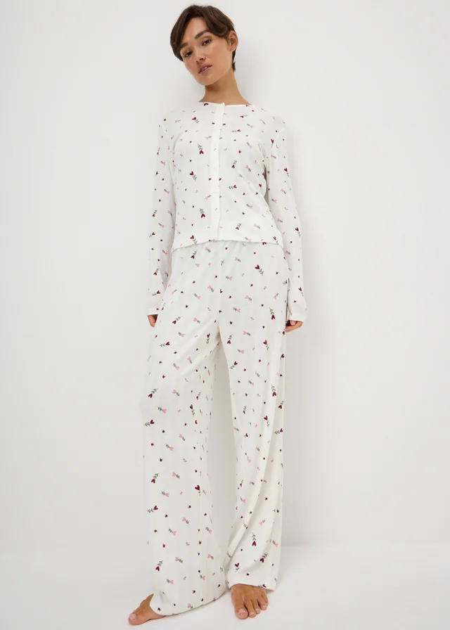 Cream Floral Pointelle Cardigan Pyjama Set