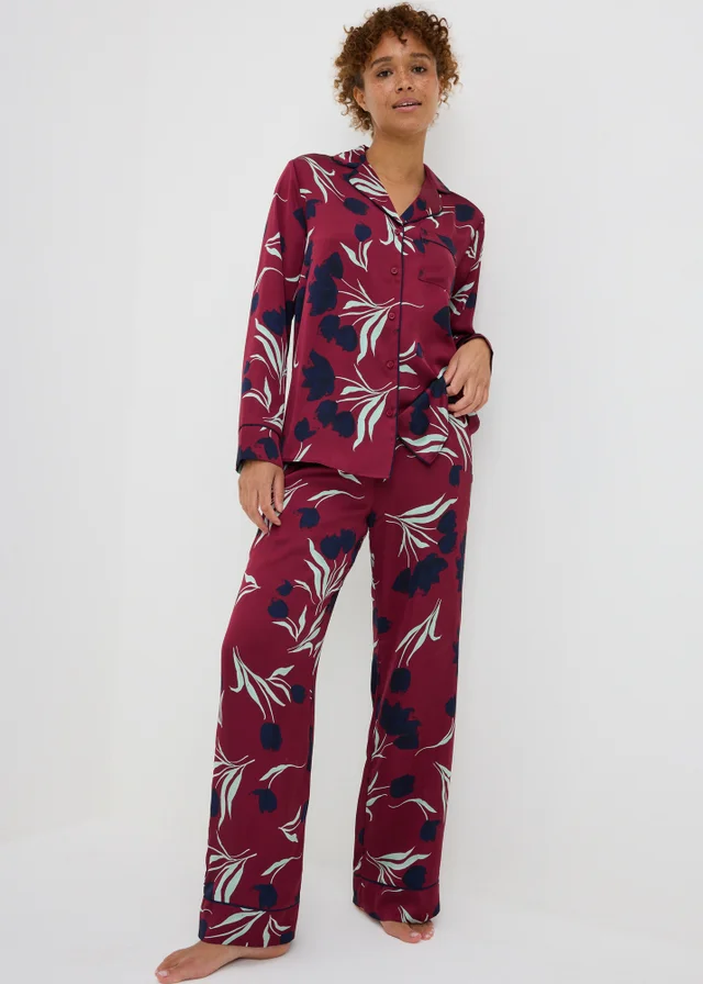 Burgundy Tulip Satin Pyjama Set