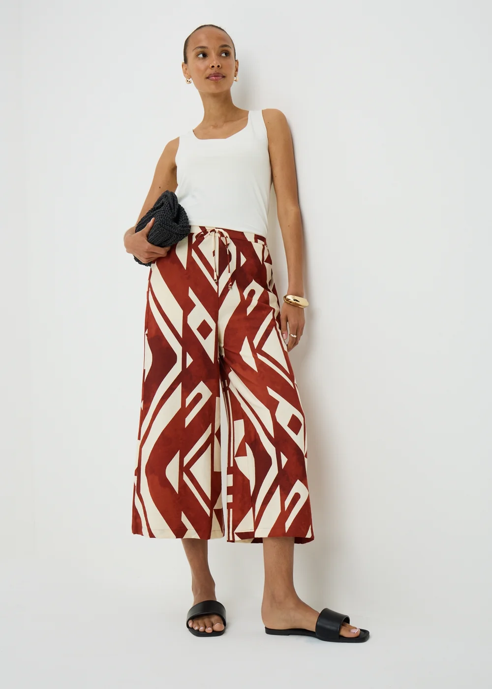 Chocolate Brown Printed Twill Wide Leg Culottes - 22 Image 1