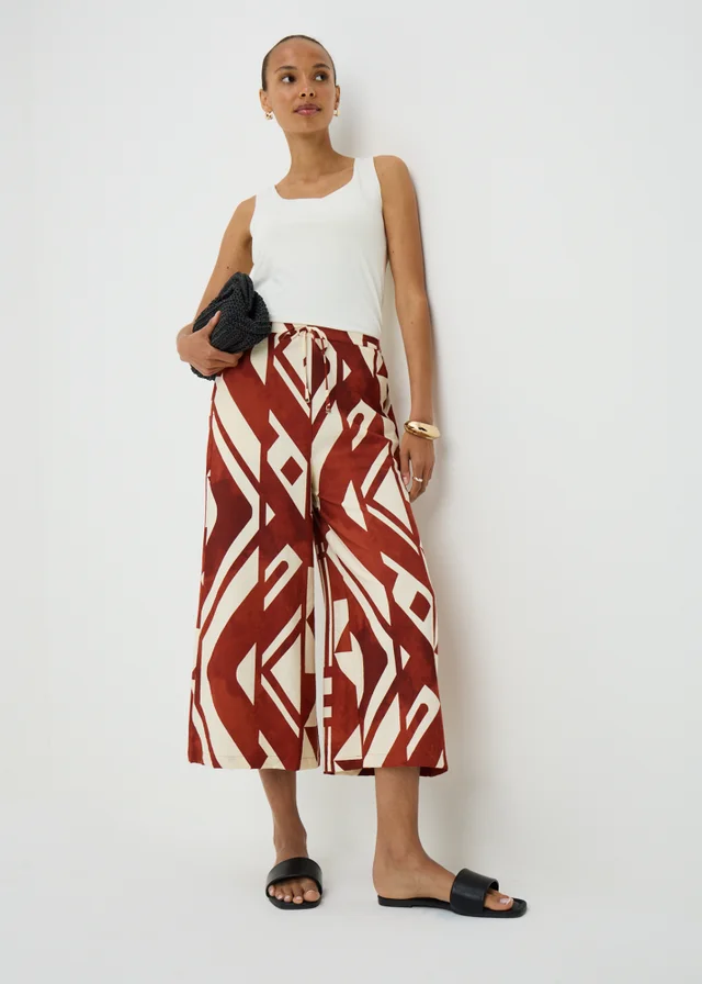 Chocolate Brown Printed Twill Wide Leg Culottes