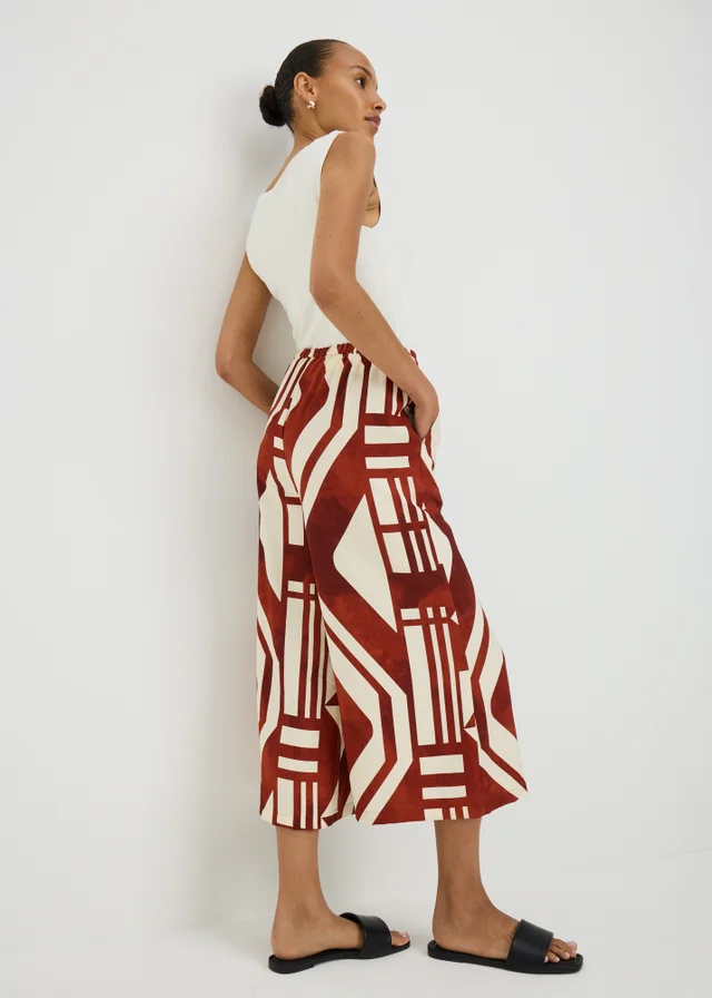 Chocolate Brown Printed Twill Wide Leg Culottes