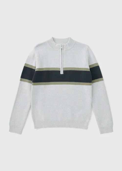 Boys Grey Stripe Funnel Neck 1/4 Zip (7-15yrs) - 9 Yrs Image 1