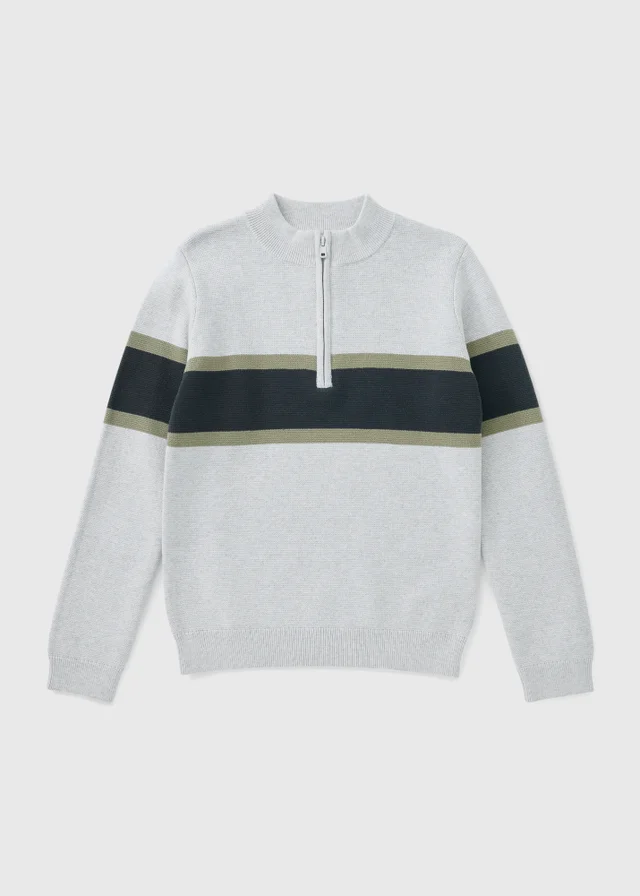 Boys Grey Stripe Funnel Neck 1/4 Zip (7-15yrs)