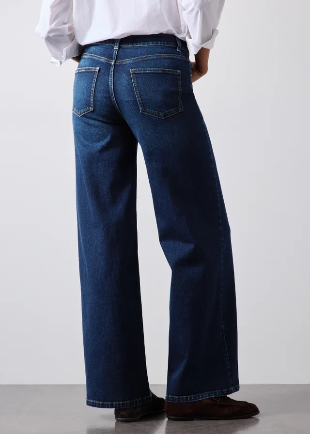 Dark Wash Stretch Mid Rise Wide Leg Jeans