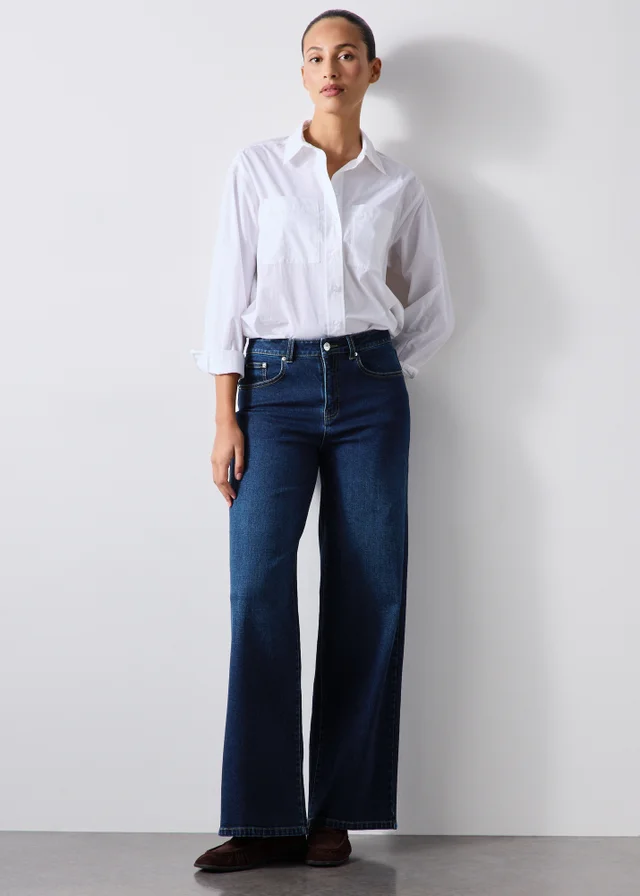 Dark Wash Stretch Mid Rise Wide Leg Jeans