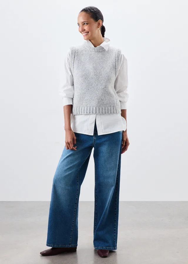 Blue Stretch Mid Rise Wide Leg Jeans