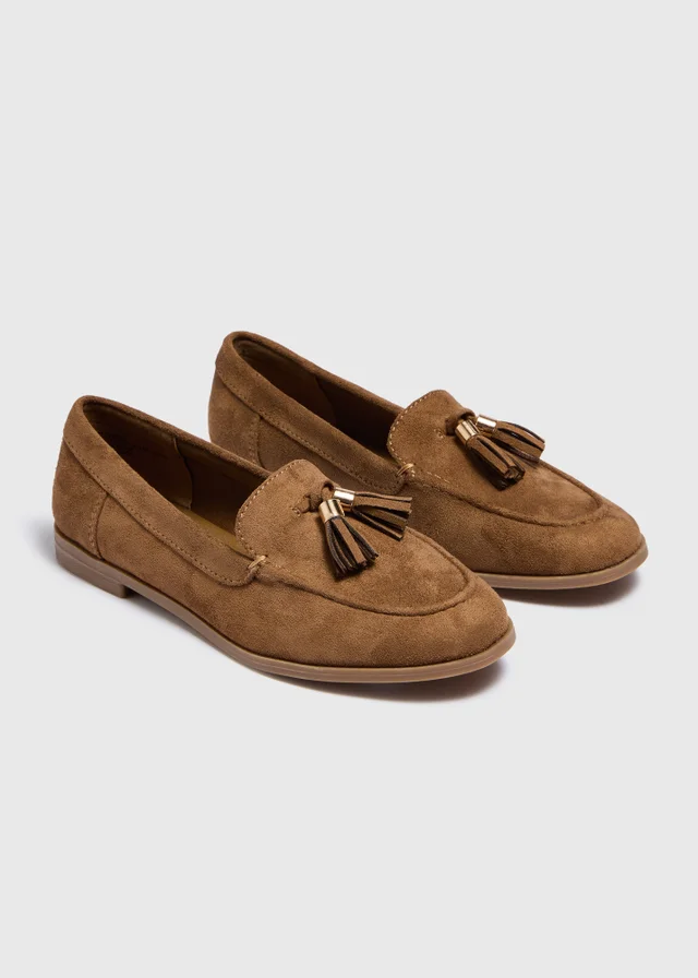 Tan Faux Suede Tassel Loafers