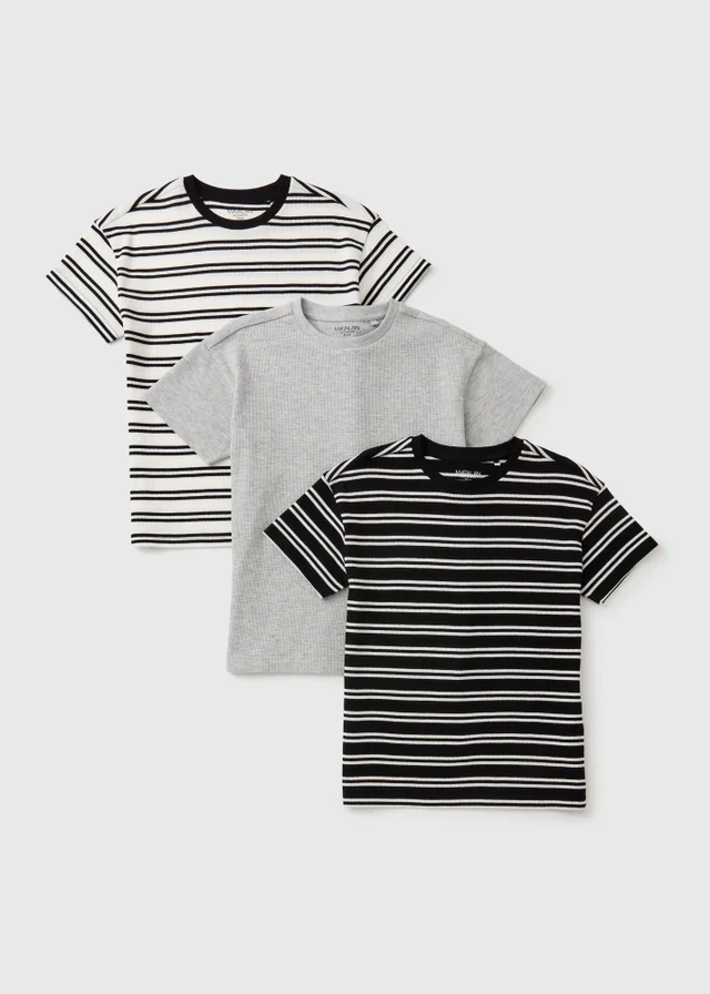 3 Pack Boys Black Textured Stripe T-Shirts (7-15yrs)