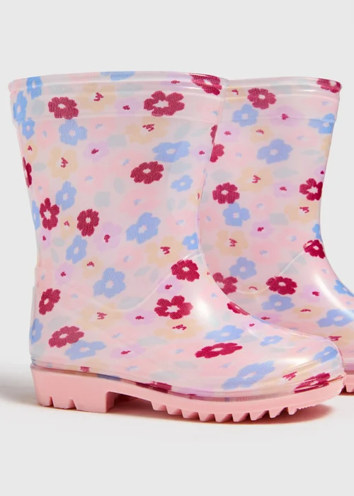 Girls Pink Floral PVC Wellies (Younger 4-12) - 6 Infants Image 2