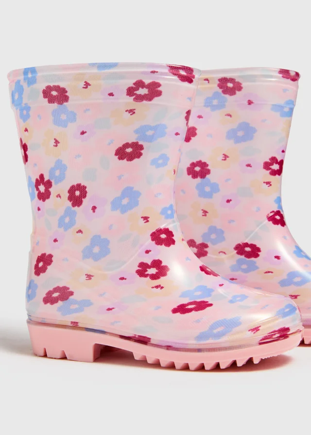 Girls Pink Floral PVC Wellies (Younger 4-12)