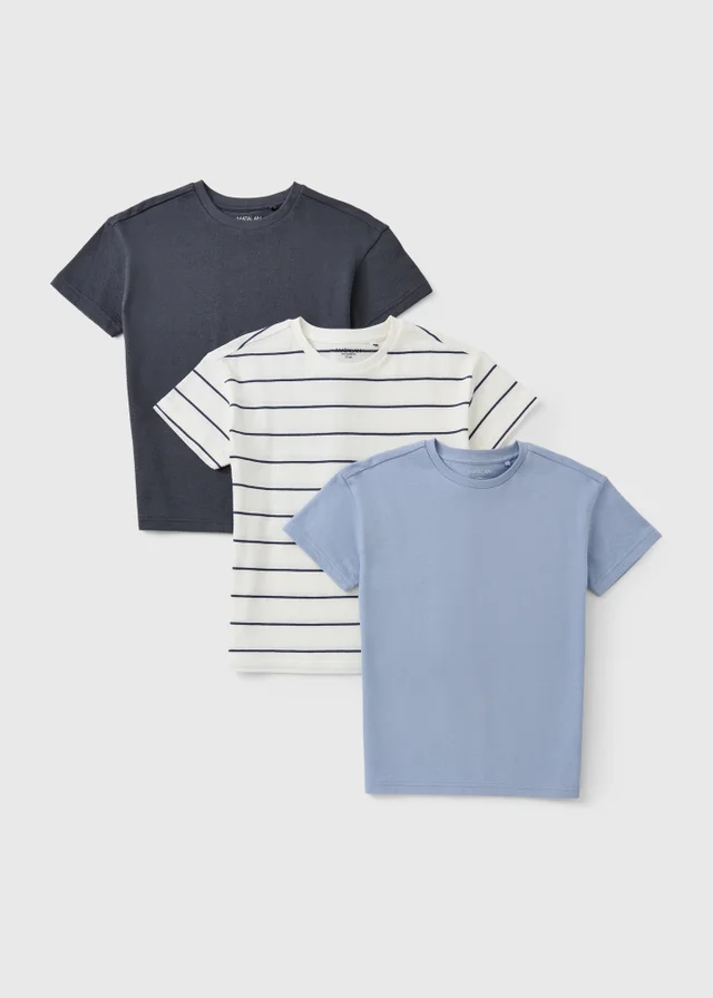 3 Pack Boys Blue Stripe T-Shirts (7-15yrs)